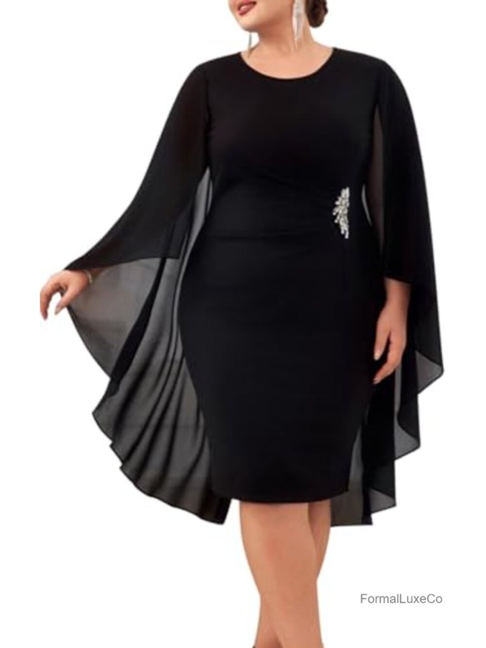 Plus Size Chiffon Cape Dress Ruched Bodycon Midi Pencil Dress